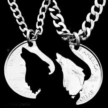 

Half Dollar Necklace Howling Wolf Pendant Interlocking Friendship Necklace ,Couple Coin Colar Jewelry Quarter Chorker Necklace