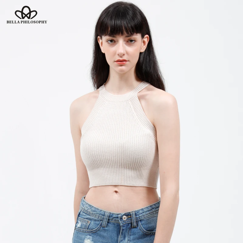 

Bella Philosophy 2019 autumn new women stretchy sleeveless halter knitted slim short tee shirt blue black red white pink beige