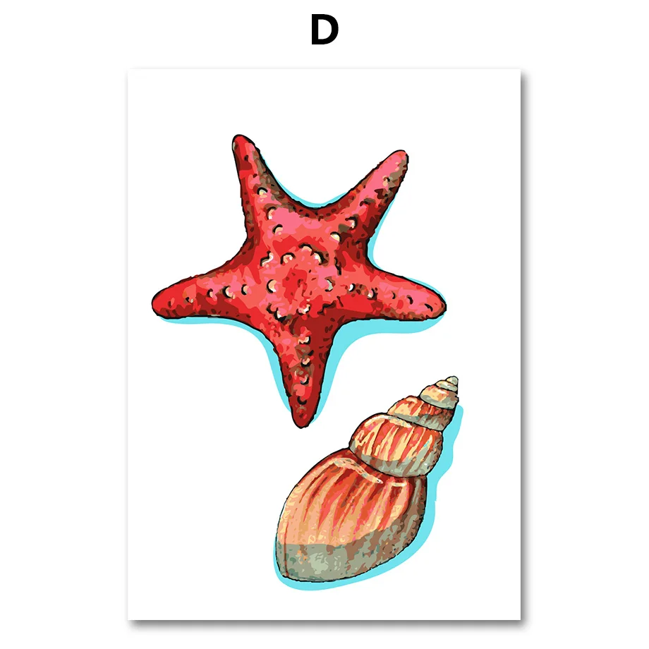 Раковина для рыбы Морская звезда Коралл скандинавские плакаты и принты настенные художественные картины на холсте акварельные настенные картины детская комната Домашний декор - Цвет: D