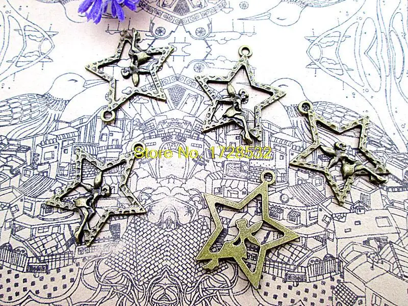 

20pcs--Fairy Charms Antique bronze Intricate and Dainty Sitting in Star, Lovely Angel On the Star Charm Pendant 30x24mm