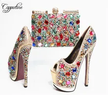 Capputine High Quality Crystal Super High Heels Shoes And Bag Set Italian Style Woman Shoes And