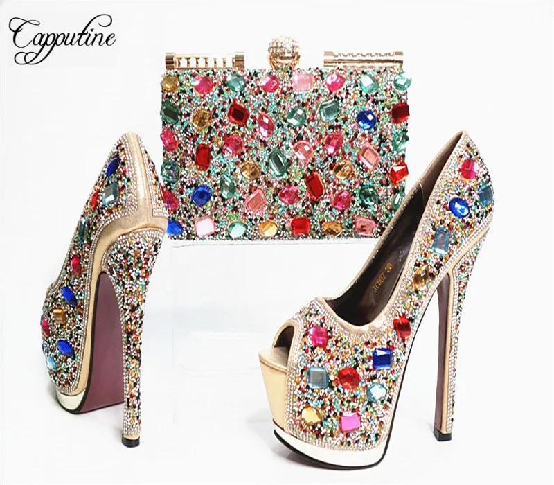 Capputine High Quality Crystal Super High Heels font b Shoes b font And Bag Set Italian