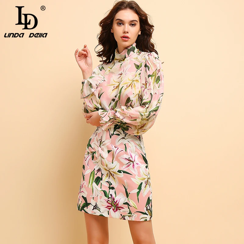 

LD LINDA DELLA Fashion Summer Casual Suits Women's lantern Sleeve Silk Tops and Elegant Floral Printed Mini Skirt Two Pieces Set