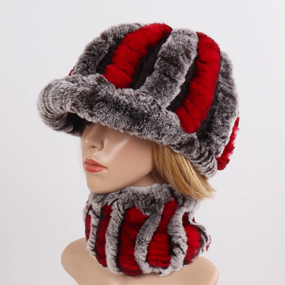 Новое поступление Зимний Настоящий мех кролика шарфы головные уборы наборы для женщин вязанный натуральная шерсть шапка шарф Набор для женщин хорошая эластичная меховая шапка муфельная