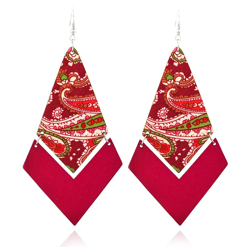Bohemian Eardrop National Vintage Geometric Wood Decorative Pattern Earrings Exaggerate Red Purple Wooden | Украшения и