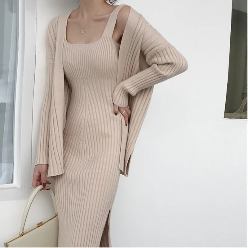 

2019 New High quality winter Women Casual Long Sleeved Suspenders Sweater Vest Dress Two Piece Runway Dress Suit G006