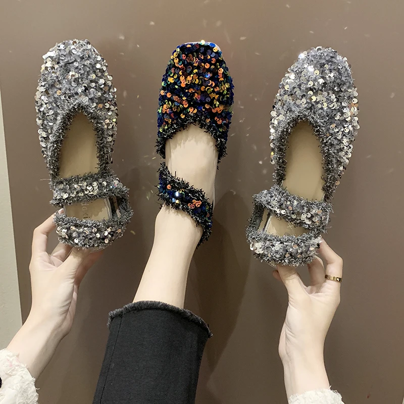 

Brand new snake-shaped wrapping head Baotou women's shoes sequins rhinestone fairy sandals summer dress wild fashion flat shoes