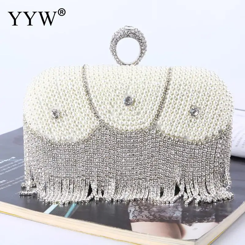 Rhinestone Evening Party Bags Clutches Purse Finger Ring Handbag Silver