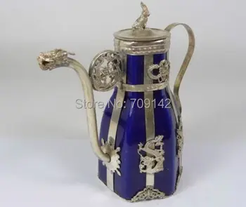 

Decoration crafts art Tibetan antique silver porcelain teapot flagon Monkey Lid Tibet Miao Antique Old Silver
