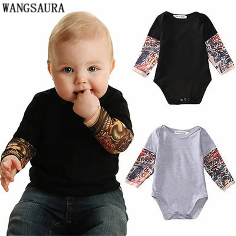 

WANGSAURA Cool Style Newborn Toddler Kids Baby Boy Bodysuit Clothes Cotton Long Sleeve Tattoos Print Jumpsuit Outfits Black Gray