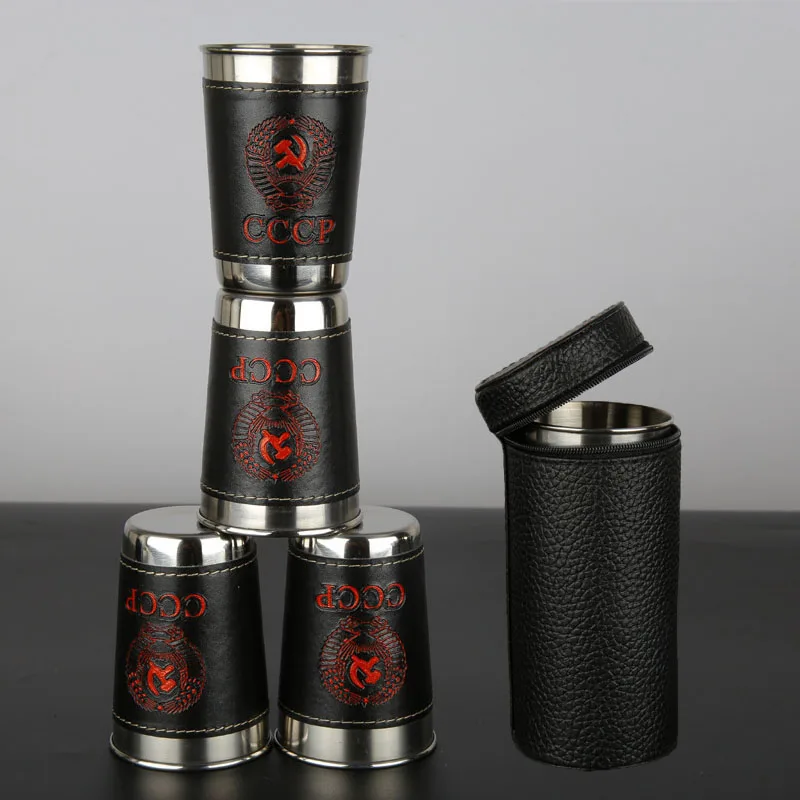 

4Pcs/lot 170ml Outdoor Tableware Travel Cups Set Stainless Steel Camping Cup with Black PU Leather Portable wine Whiskey Mugs