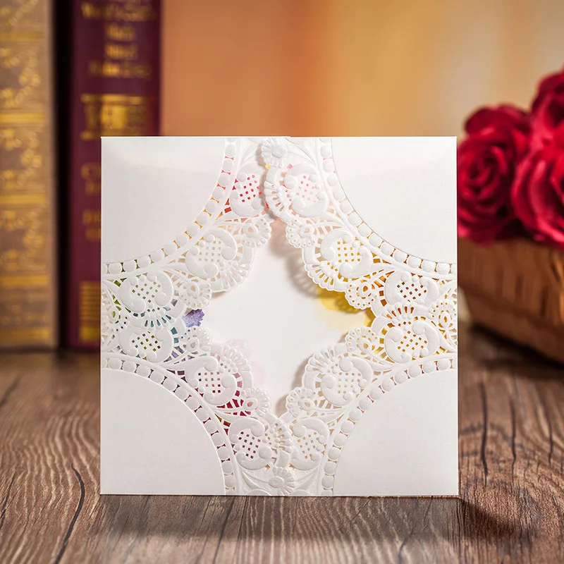 Square Classic Cut Out White Color Lace Flower  Wedding Invitation Card