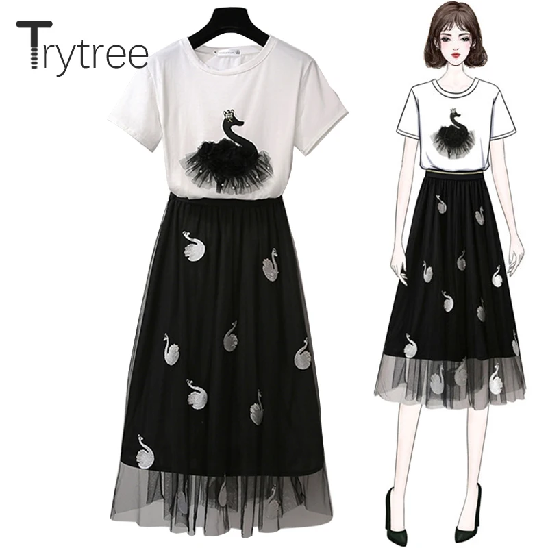 

Trytree Summer Women two piece set Casual Mesh Swan Cotton O-neck tops + Skirts Elastic Waist Embroidery A-line Suit 2 Piece Set