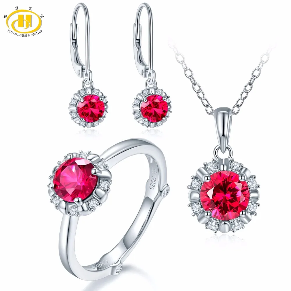 

Hutang Natural July Birthstone Created Ruby Solid 925 Sterling Silver Ring Pendant Earrings Gemstone Jewelry Sets Presents Gift