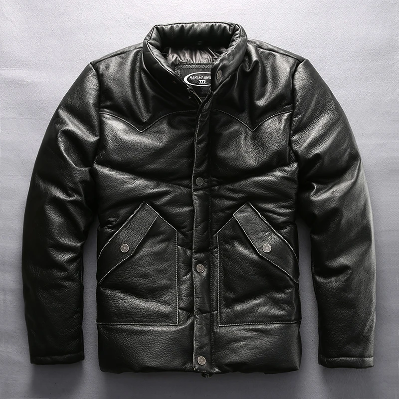 

2019 Men's Black Cow Leather Motorcycle Biker Warm Down Coat Flight Pilot Jacket Genuine Leather Winter Coat Bomber Jacket