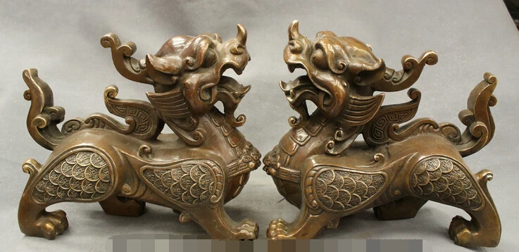 

shitou 001980 Chinese Bronze Copper Guard Coin Unicorn Dragon PiXiu Foo Dog Beast Statue Pair