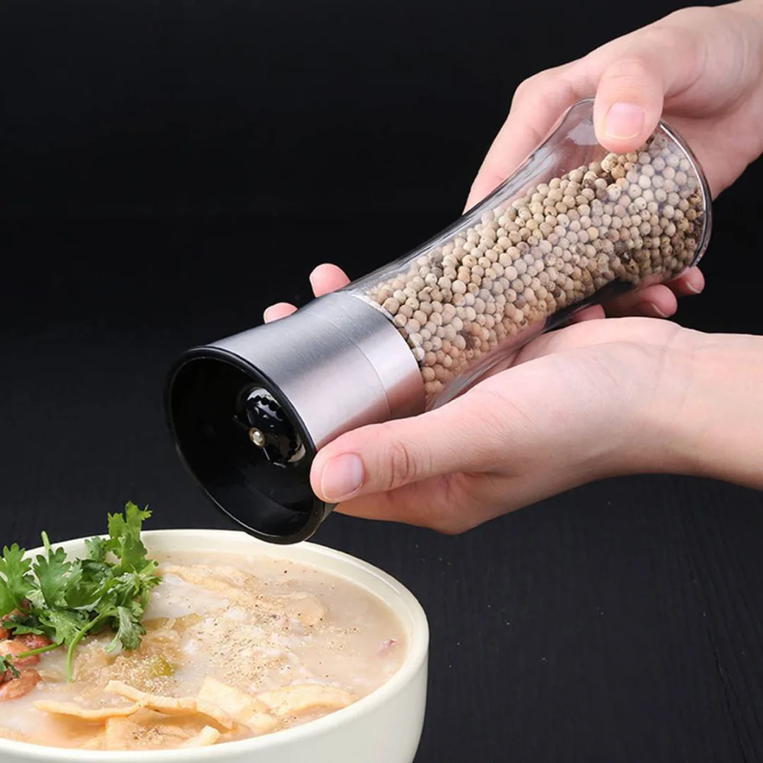 Salt And Pepper Grinder Set Salt Mill Pepper Mill Spice 304 Stainless Steel Lid Slim Glass Bottle Adjustable Ceramic Rotor