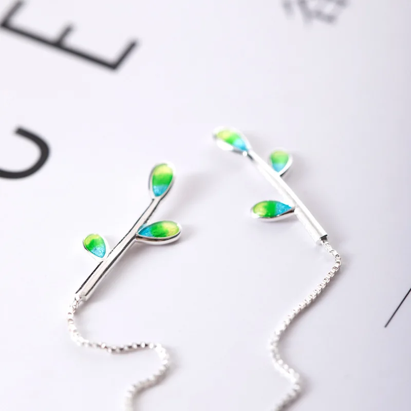 green leaf drop glaze ear line 100% 925 Sterling silver Jewelry fashion Hypoallergenic dangle earrings for women gift