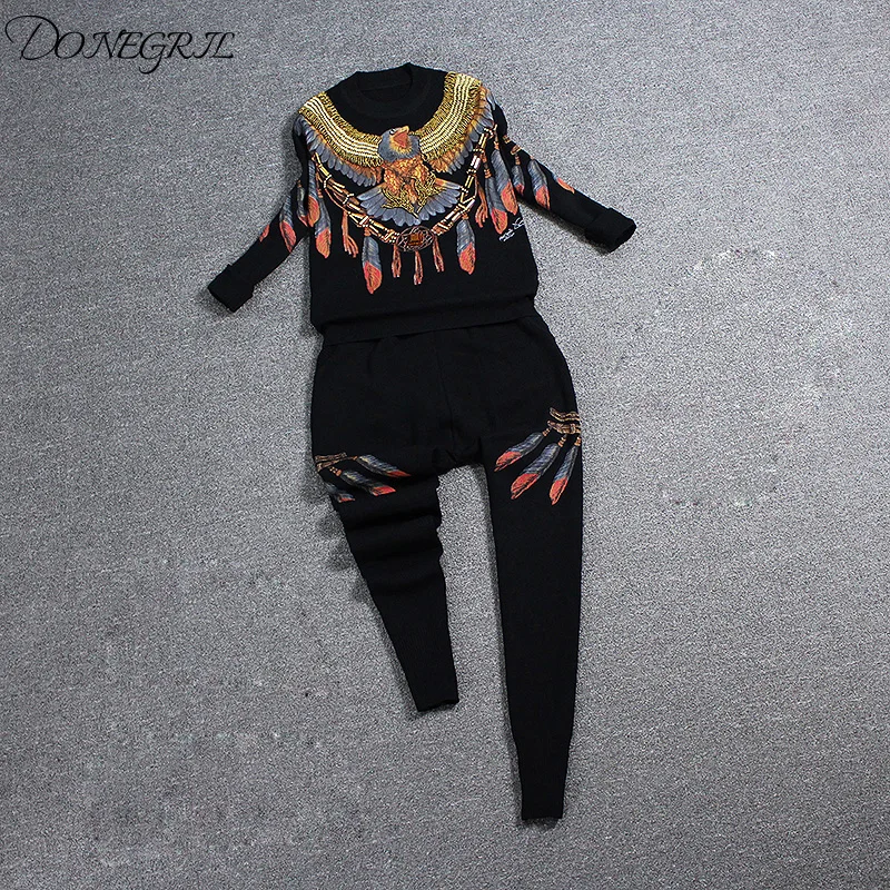 Goedkoop Higth kwaliteit Borduurwerk ontwerp 2 Stuk Set Vrouwen Trainingspak Breien Lange mouwen borduren Trui + Harlan broek pak