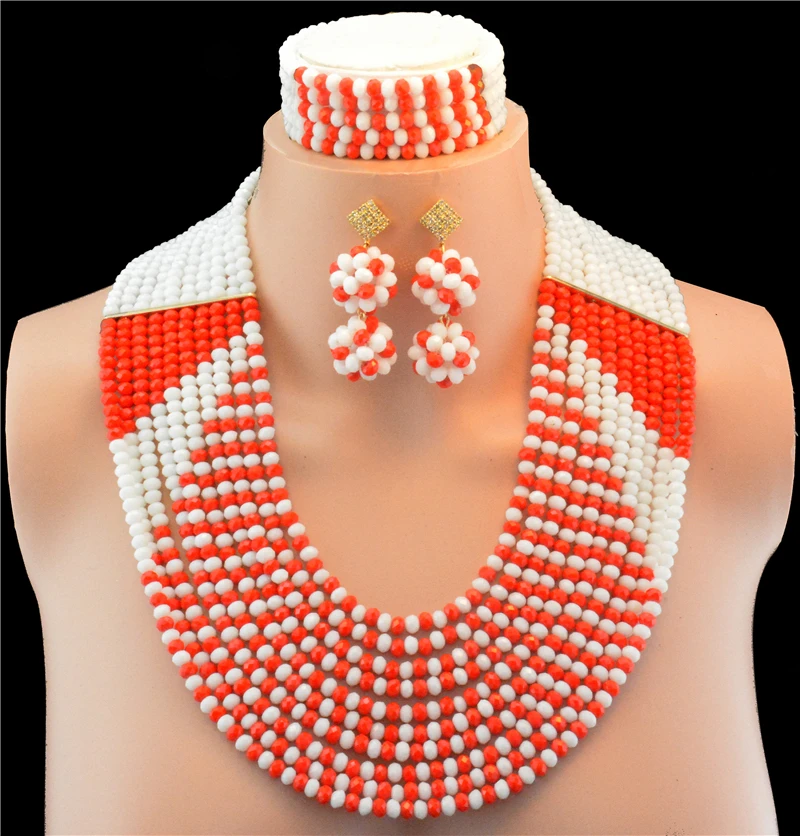 

2016 Fashion Red White african crystal beads necklace set nigerian wedding african beads jewelry set Free shipping