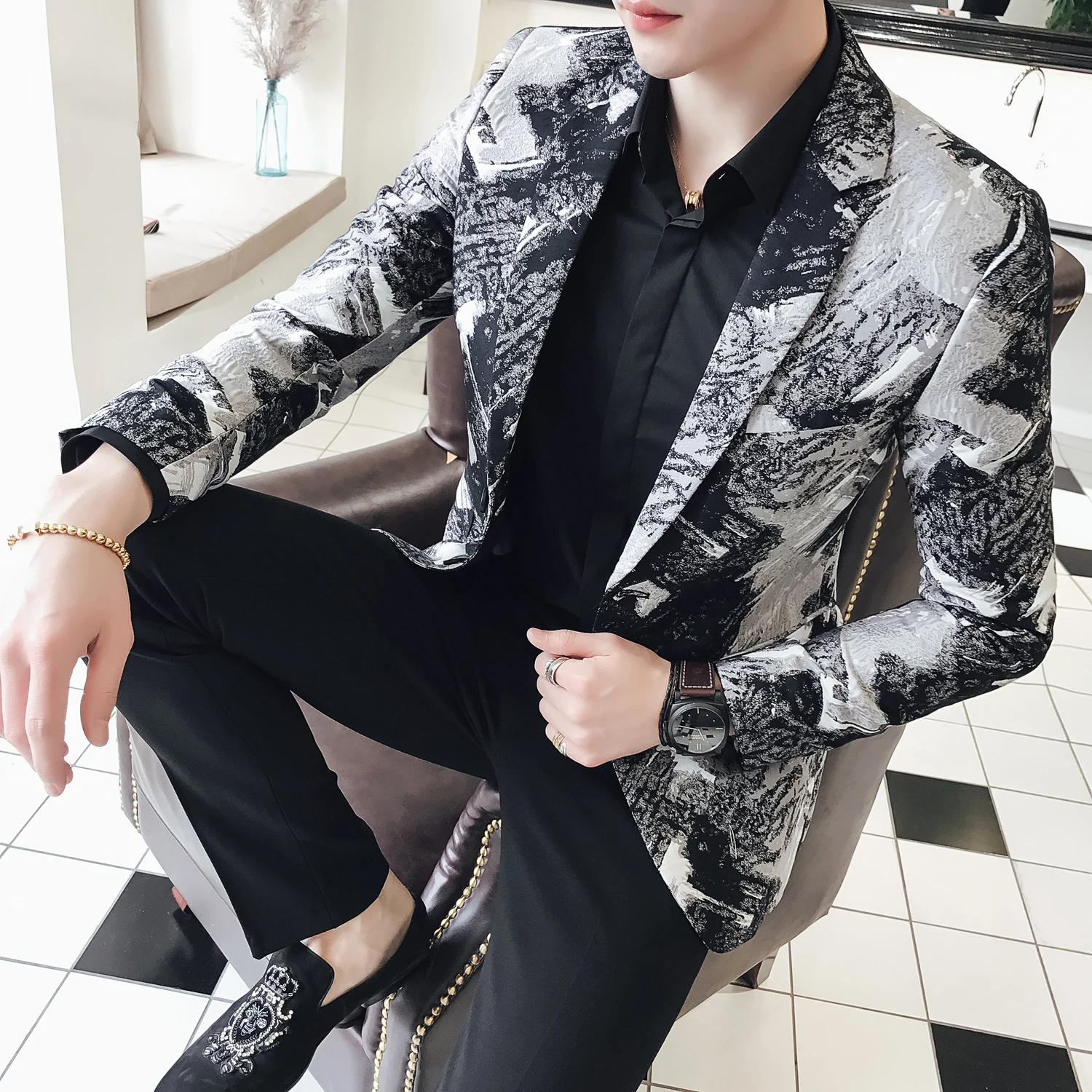 Blazer Male New British Fashion Urban Style Plus Size Youth Slim Fit Blazer Black Pattern Party Prom Tuxedos Mens Blazer Jacket