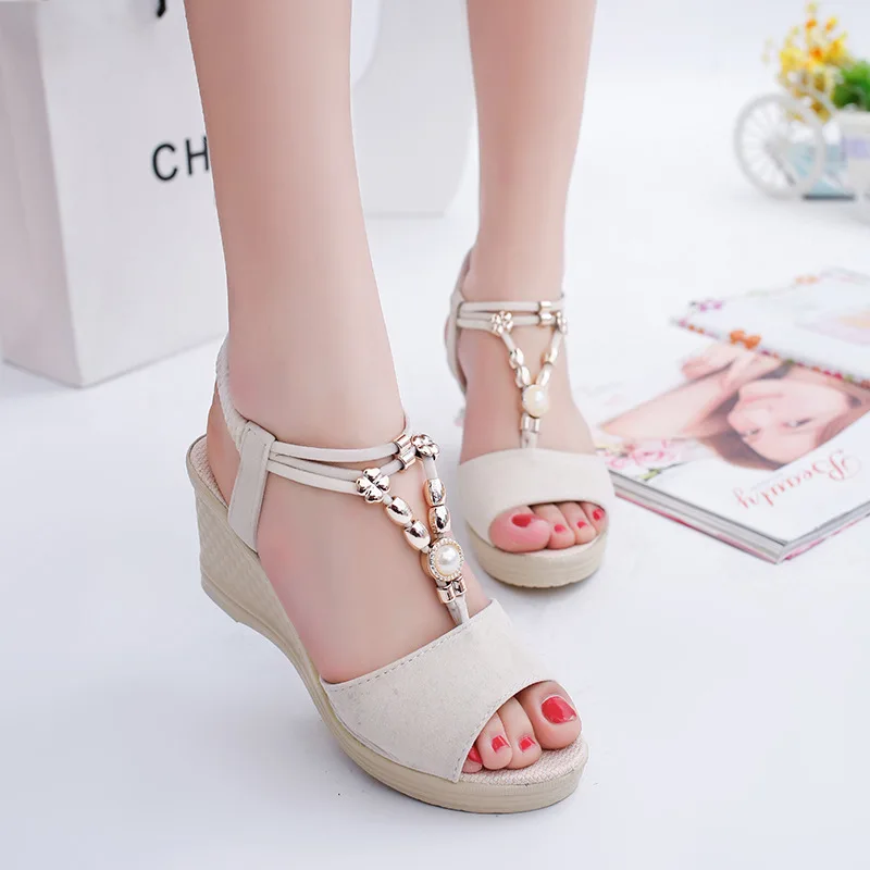 Sandals Women Wedges Shoes Pumps High Heels 4cm Female Sandals Beading Open toe summer new Wedges Women's sandals