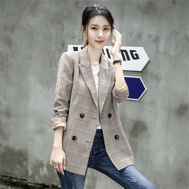 Vintage Spring Plaid blazer Women High quality Double Breasted Women