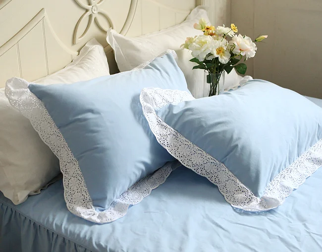 Solid Color Light Blue 1pc Pillowcase Lace Edge Cotton Pillow Sham