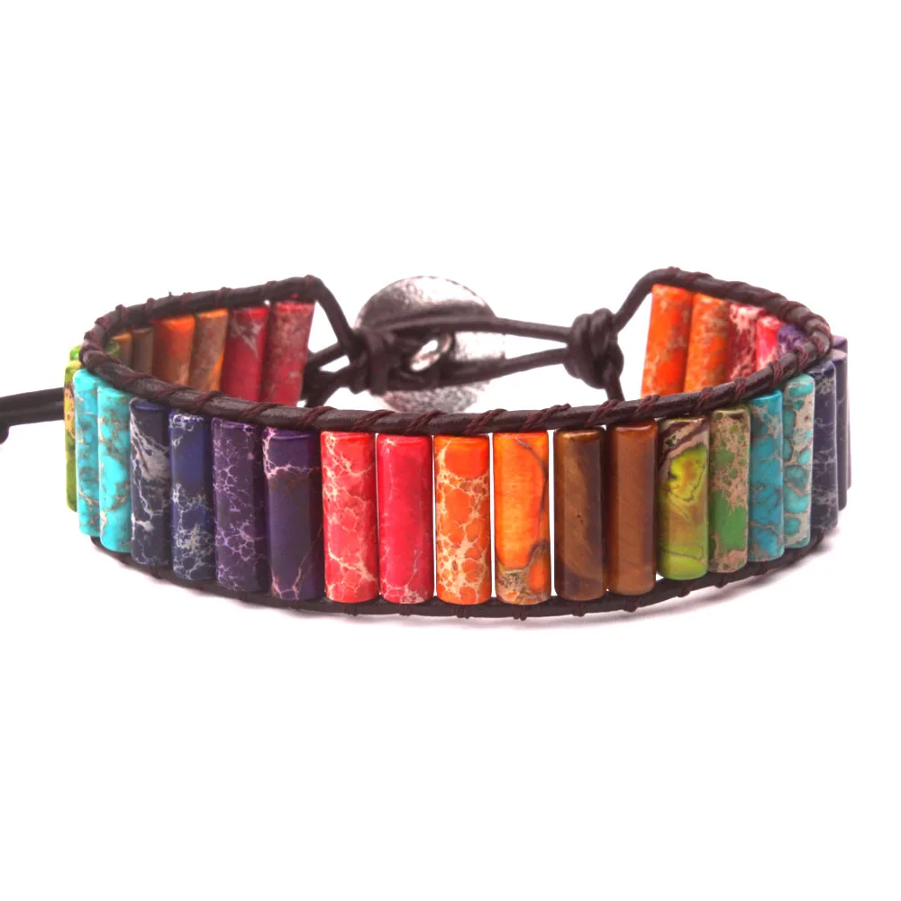 New Design Chakra Jewelry Handmade MultiColor Natural Stone Tube Bead Leather Wrap Bracelet Couples Bracelet Creative Gifts