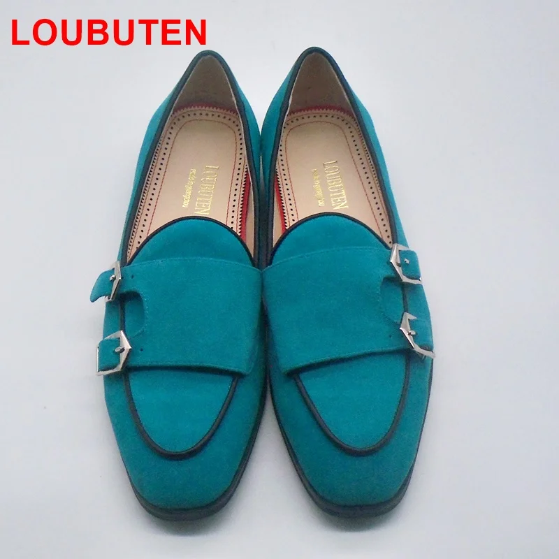 LOUBUTEN/Новое поступление; Небесно-голубые мужские замшевые модельные лоферы; кожаные туфли ручной работы с круглым носком и ремешком; мужские тапочки; повседневная обувь на плоской подошве