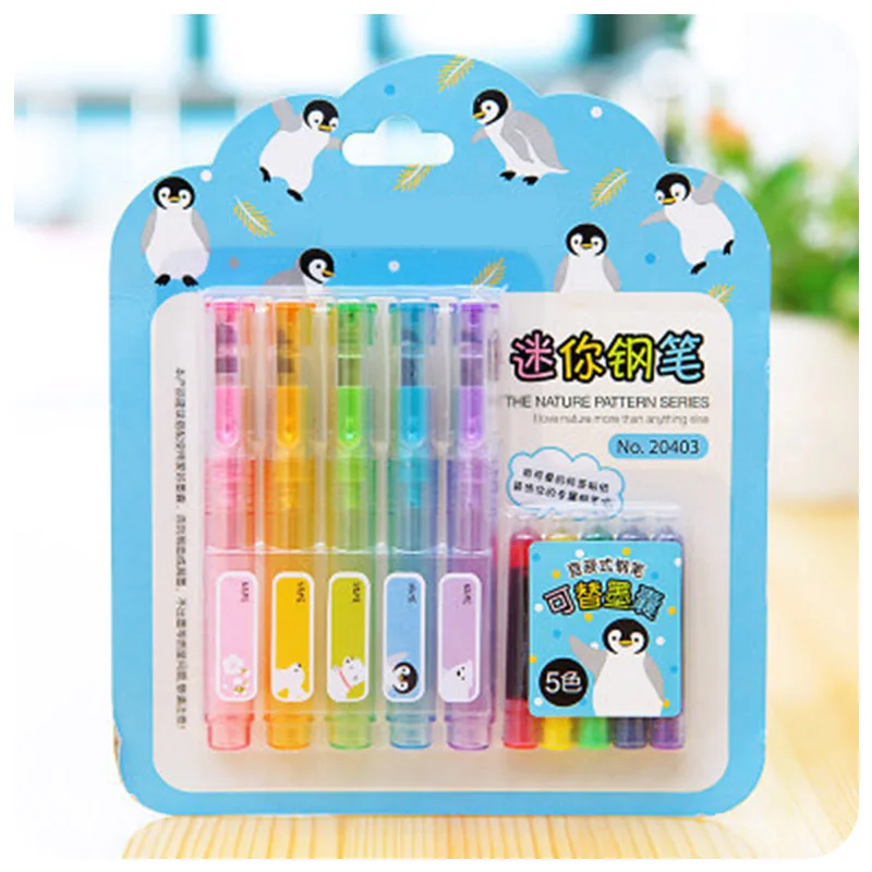 

5pcs Colored Fountain Pen Set with Ink Sac Plastic Calligraphy Ink Pen 0.5mm for Writing Office School Supplies Cute Stationery