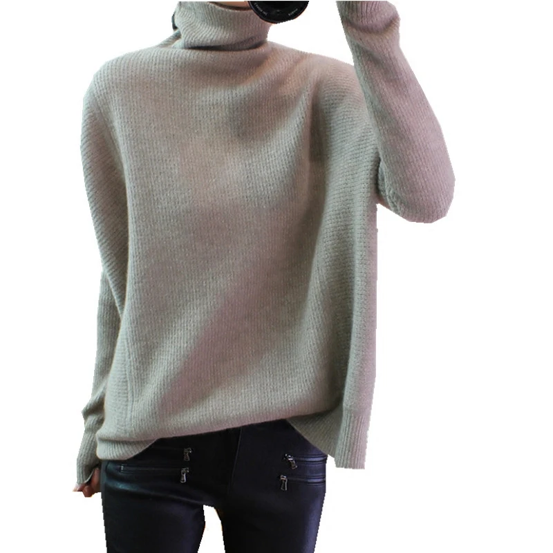 201 new cashmere sweater female high collar Korean version of lazy loose pullover sweater solid color large size bottoming shirt - Цвет: Хаки