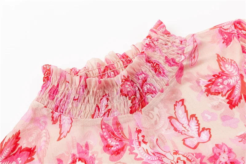 ShejoinSheenjoy Boho Floral Print Chiffon Blouse Flare Sleeve Autumn Stand Women Tops Pink Waist Bow Tie Ladies Casual Shirt (4)