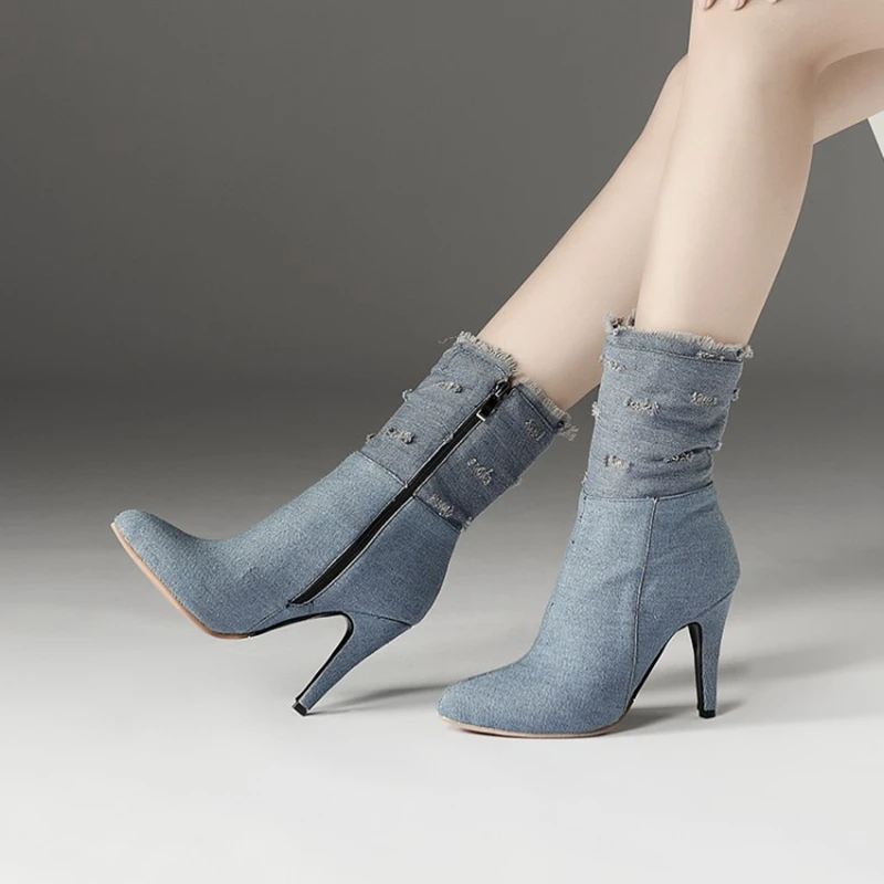 BLXQPYT/большие и маленькие размеры 28-50; джинсовые ботинки; короткие женские свадебные туфли с острым носком на высоком каблуке; сезон осень-зима; женская обувь; Y72