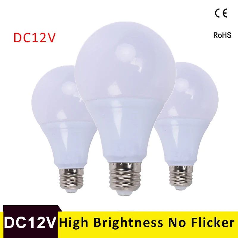 Kopen E27 LED Lamp Verlichting 3 w 5 w 7 w DC 12 v Led Lamp 9 w 12 w 15 w LED Lampada Ampul Bombilla voor Home Camping outdoor avondmarkt