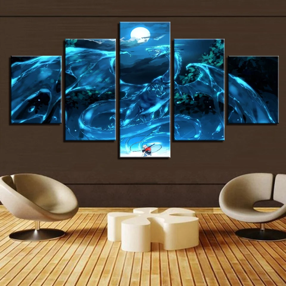 

5 Pieces HD Print Cartoon Anime A boy and Loong in the Moonlit night Poster Paintings on Canvas Wall Art for Home Decor Artwork