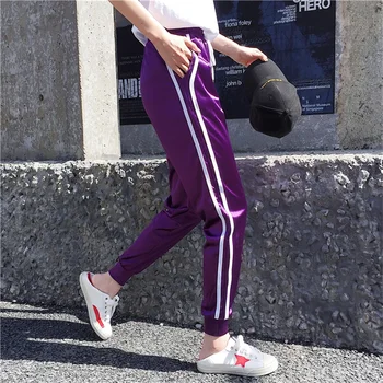 

high quality Top Fashion Women Striped Harem Pants Women Black Casual High Waist Pants Drawstring Loose Trousers Pantalon Femme