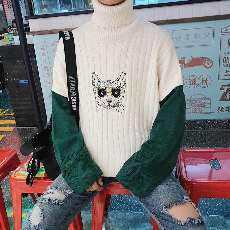 2017 Winter Cat Embroidery Knitting Fashion Coat Sleeve Single Man Knit Woolen font b Sweater b