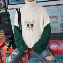 2017 Winter Cat Embroidery Knitting Fashion Coat Sleeve Single Man Knit Woolen font b Sweater b