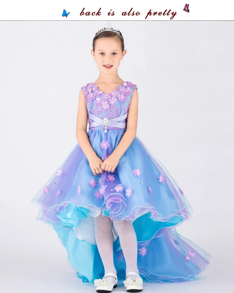 Элегантные кружевные платья с длинным шлейфом для маленьких девочек детское атласное голубое цветочное длинное вечернее платье для вечеринки на Рождество