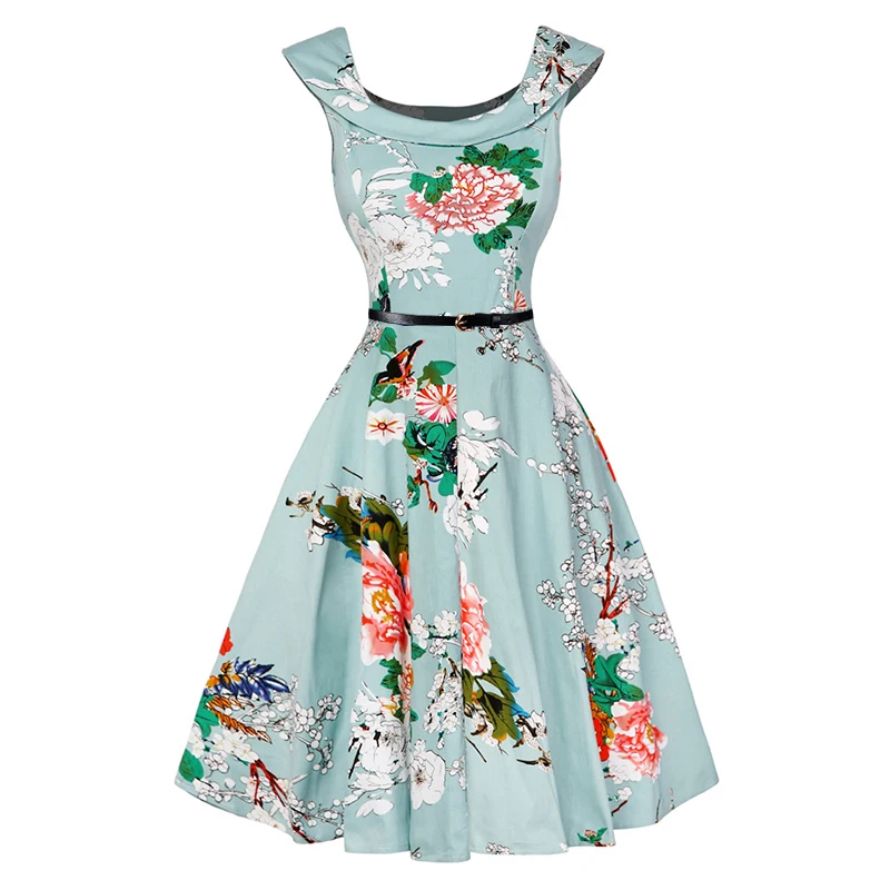 Kostlish Print Summer Dress Women 2017 Cotton Sleeveless 50s Vintage Dress With Belt Elegant Rockabilly Party Dresses Sundress (101)