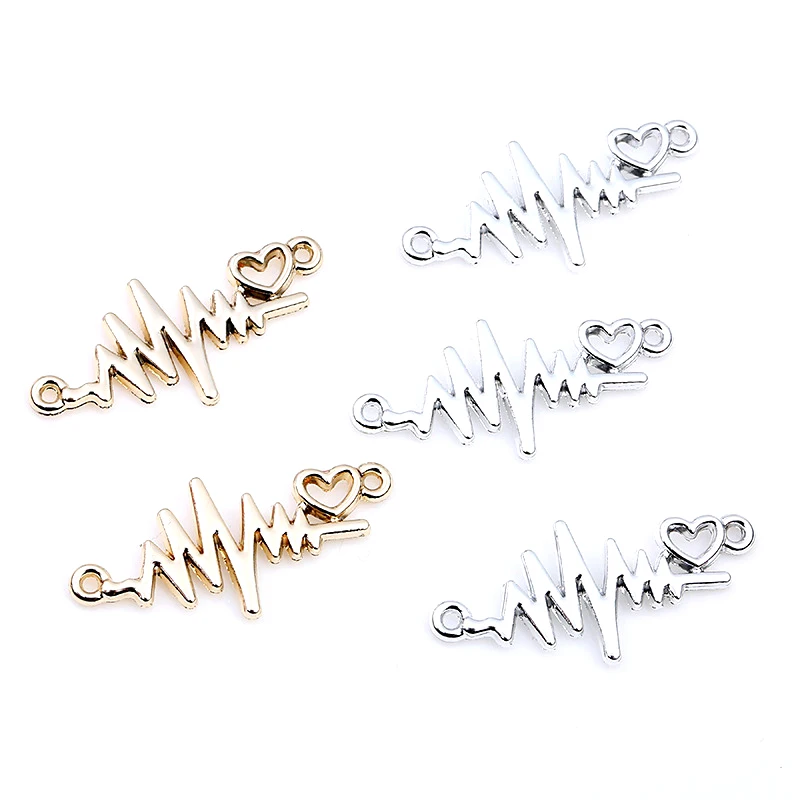 10pcs 33mm Heart Flash Shape Bracelet Connector ECG Link Pendant Charms for DIY Handmade Crafts Jewelry Making Findings Supplies