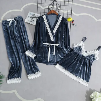 

Gray Spring Velour Pajamas Sets Womens 3PC Strap Top Pantsuit Sleepwear Casual Home Wear Nightwear Sexy Robe Bath Gown