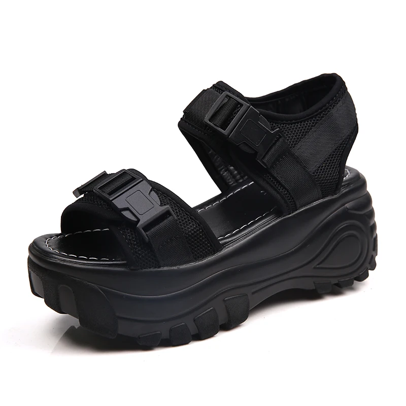 

New 8cm Platform Sandals Women Wedge High Heels Shoes Women Buckle Leather Canvas Summer Zapatos Mujer Slippers Woman Sandal