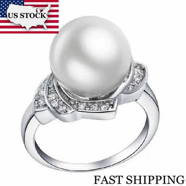 US STOCK Uloveido 40%off Engagement Ring for Women Simulated Pearl Silver Color Wedding Jewellery Womens Birthday Gift Ring J383