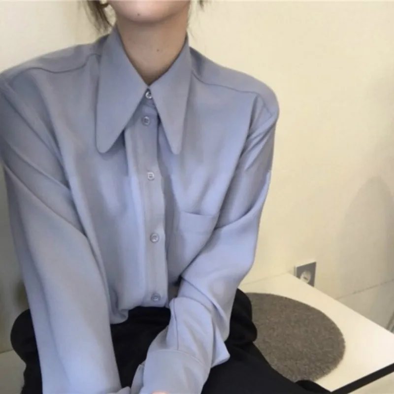 

Womens Spring Blue Sharp Collar Blouses Ladies Tunic Top Long Sleeve Pocket Shirt Loose Plus Size Elegant Bluzki Damskie Camisas