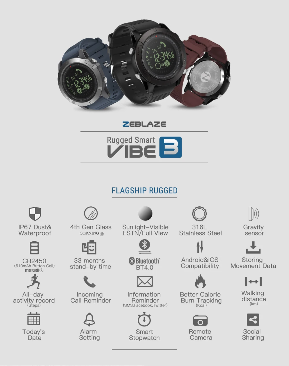 Zeblaze VIBE 3 3D ips 3 цвета дисплей Smartwatch IP67 водонепроницаемый монитор сердечного ритма спортивные Смарт часы Pk T1 такт