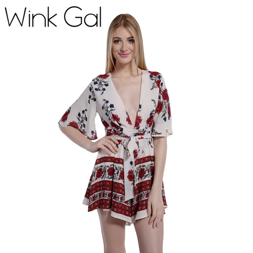 Wink Gal Женщины Rompers Комбинезон Sexy Цветочный печати летней легкий костюм с шортами кимоно шорты Beachwear 3110 - Цвет: Whitered