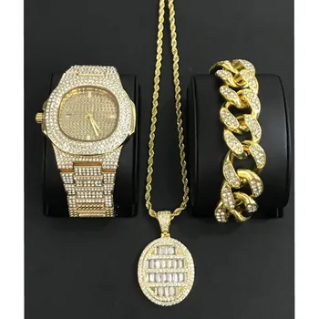 

Luxury Men Gold Color Watch Men Jewelry Watch & Bracelet & Necklace Combo Set Pendant Ice Out Cuban Bracelet Hip Hop For Men