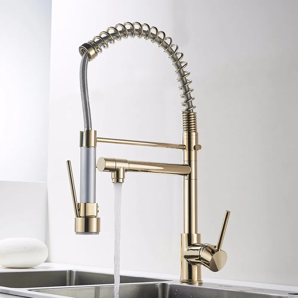  FLG Kitchen Faucet Golden Finish Hand Sprayer Spring Style Single Handle 360 Degree Rotating Cold H - 32775078870
